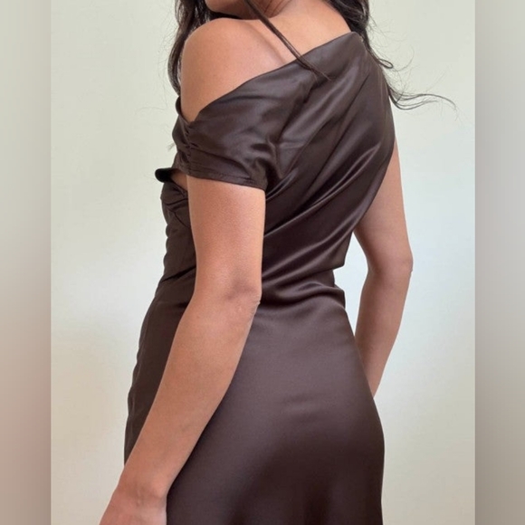 One Shoulder Front Slit Maxi Dress Espresso Brown - Picture 8 of 13